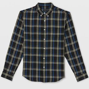 Club Monaco Black Multi Long Sleeve Plaid 100% Linen Button Up Shirt Mens Medium